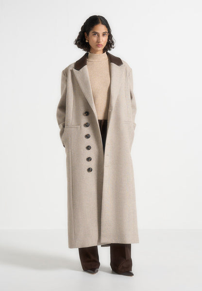 Anisa - Abrigo oversize de lana con diseño en espiga y cinturón de cuero - Beige