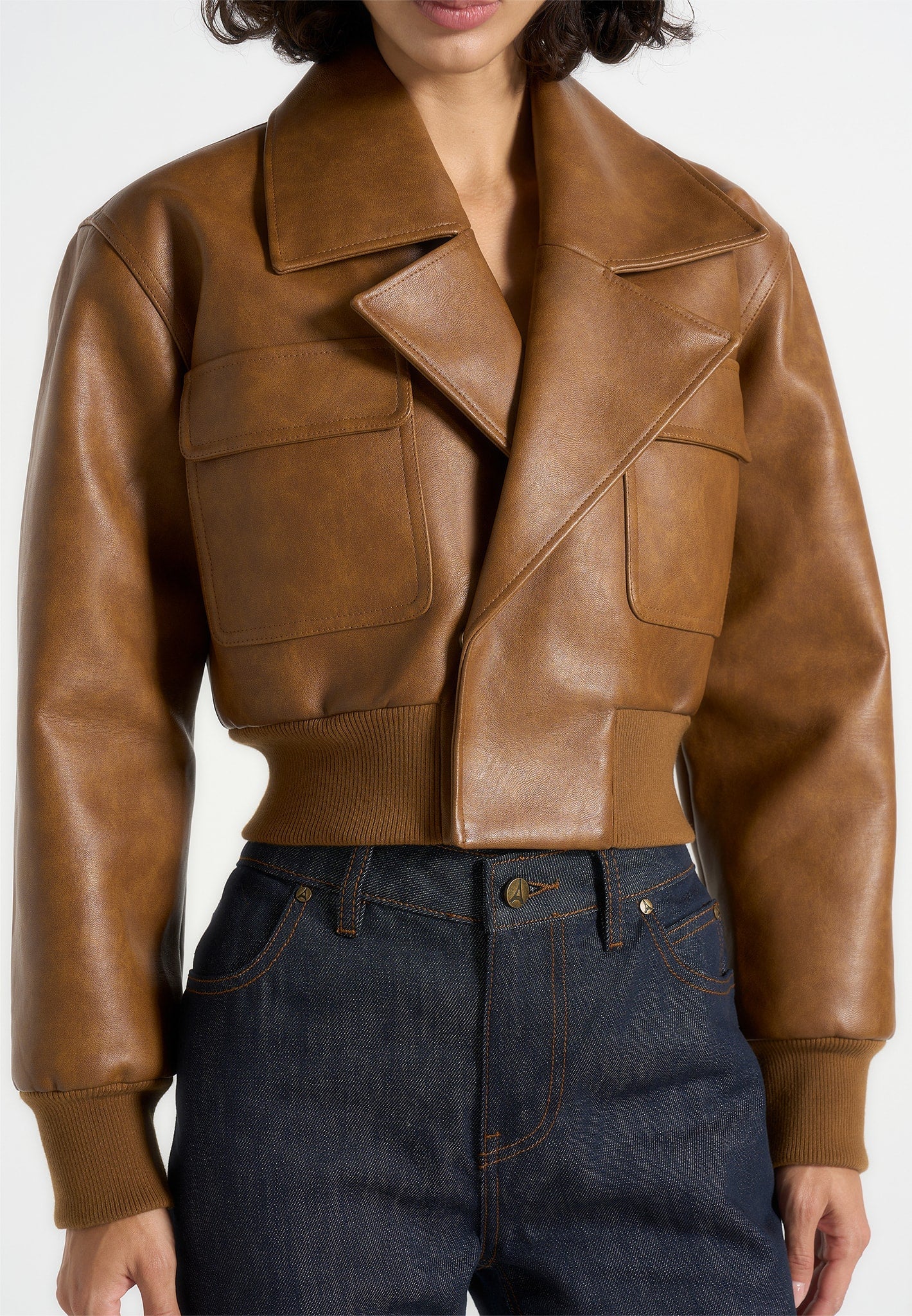 Noelia - Chaqueta bomber vintage de cuero con solapas - Marrón