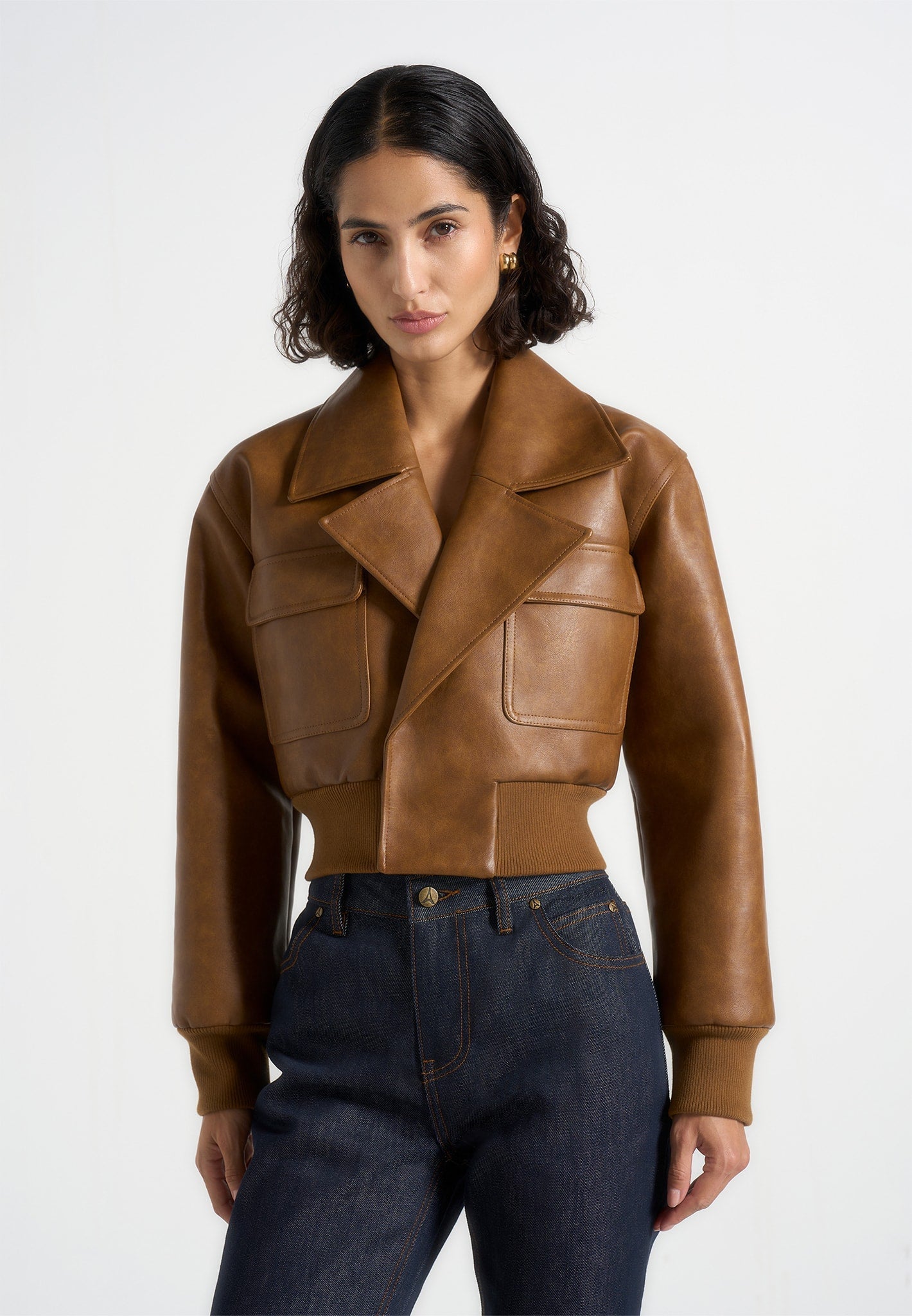 Noelia - Chaqueta bomber vintage de cuero con solapas - Marrón