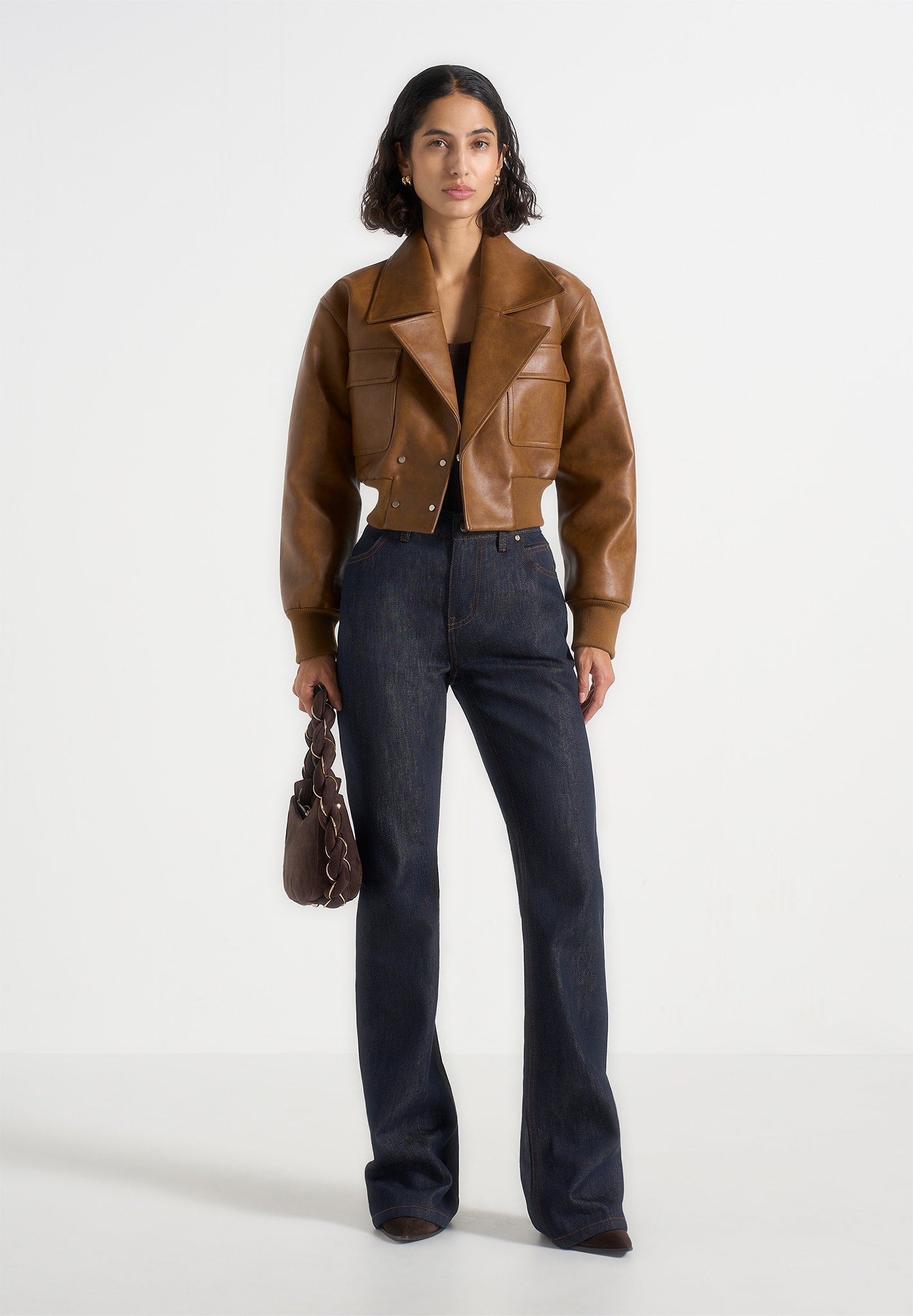 Noelia - Chaqueta bomber vintage de cuero con solapas - Marrón