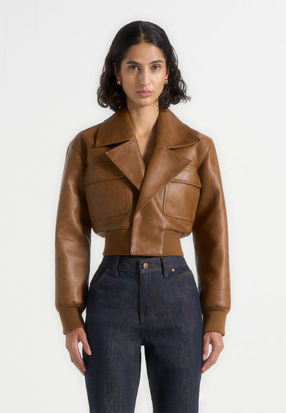 Noelia - Chaqueta bomber vintage de cuero con solapas - Marrón