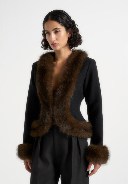 Lina - Chaqueta esculpida con ribete de lana y piel - Negro
