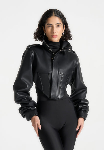 Solange - Chaqueta corsé con mangas remachadas de cuero - Negro