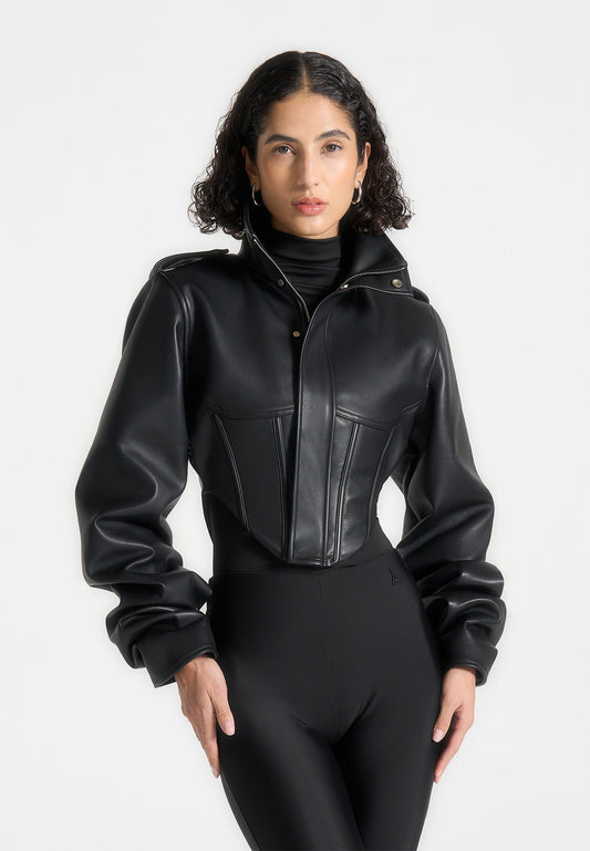 Solange - Chaqueta corsé con mangas remachadas de cuero - Negro