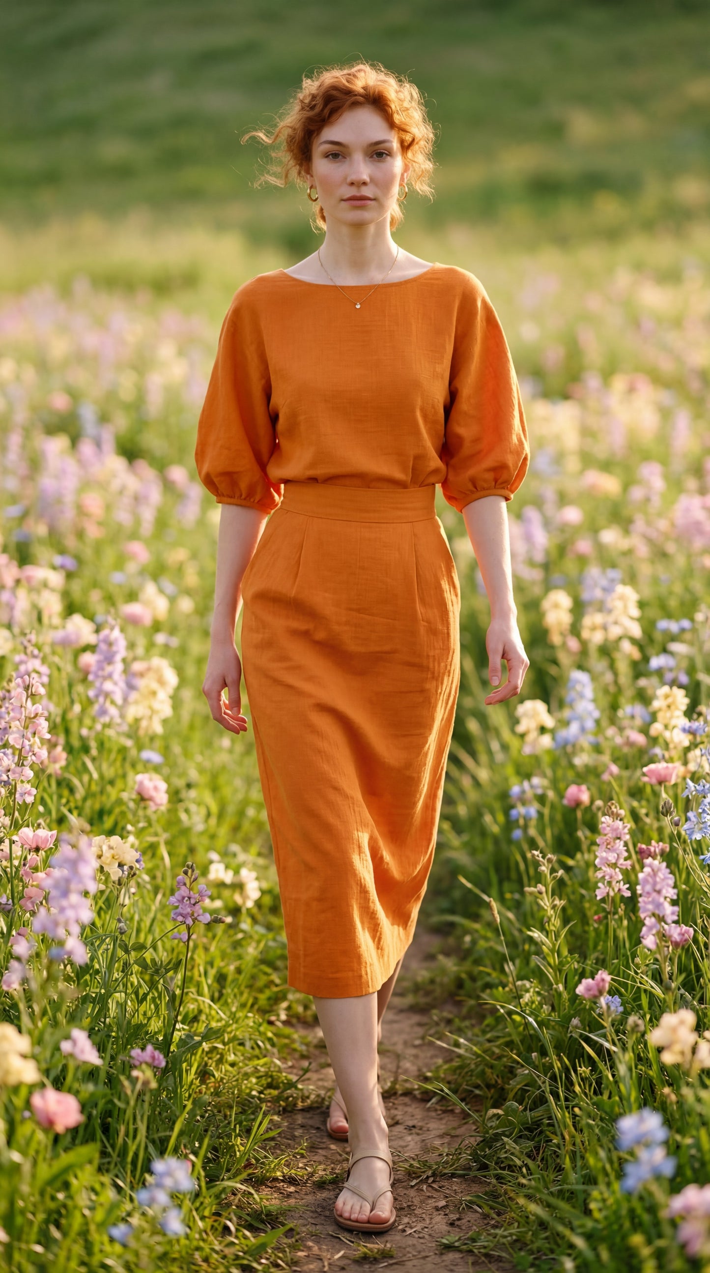 Women's Orange Mid-sleeve Top And Midi Skirt Set MDA2511G6T