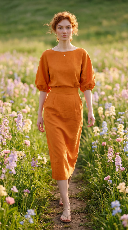 Women's Orange Mid-sleeve Top And Midi Skirt Set MDA2511G6T