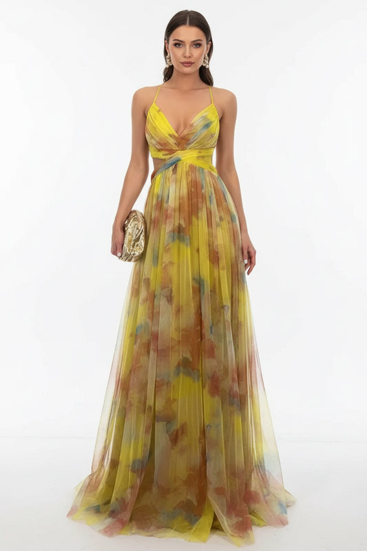 Giselle | Vestido largo con estampado floral. Amarillo