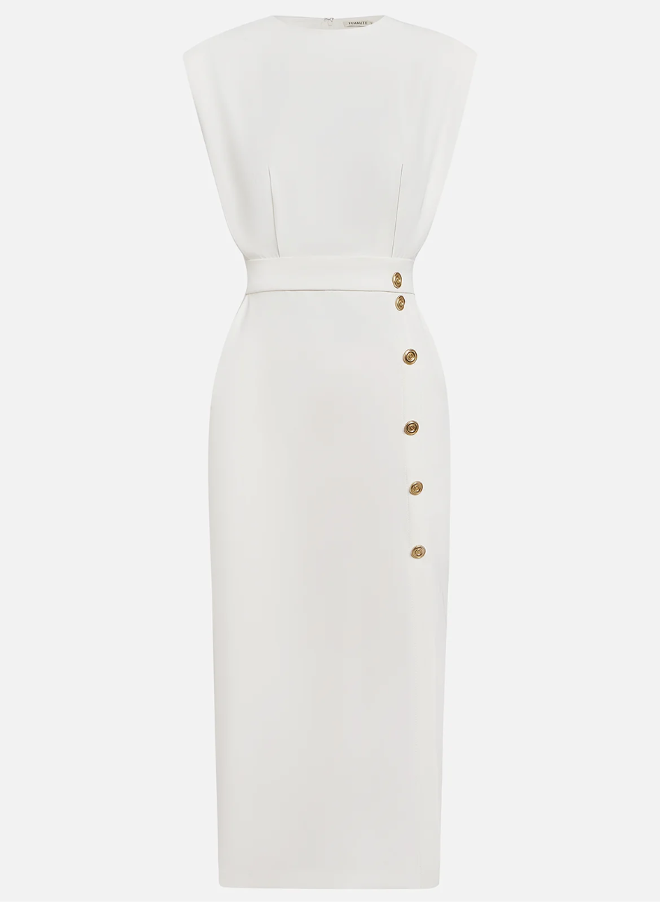 VESTIDO MIDI BLANCO ELEGANTE CON BOTONES