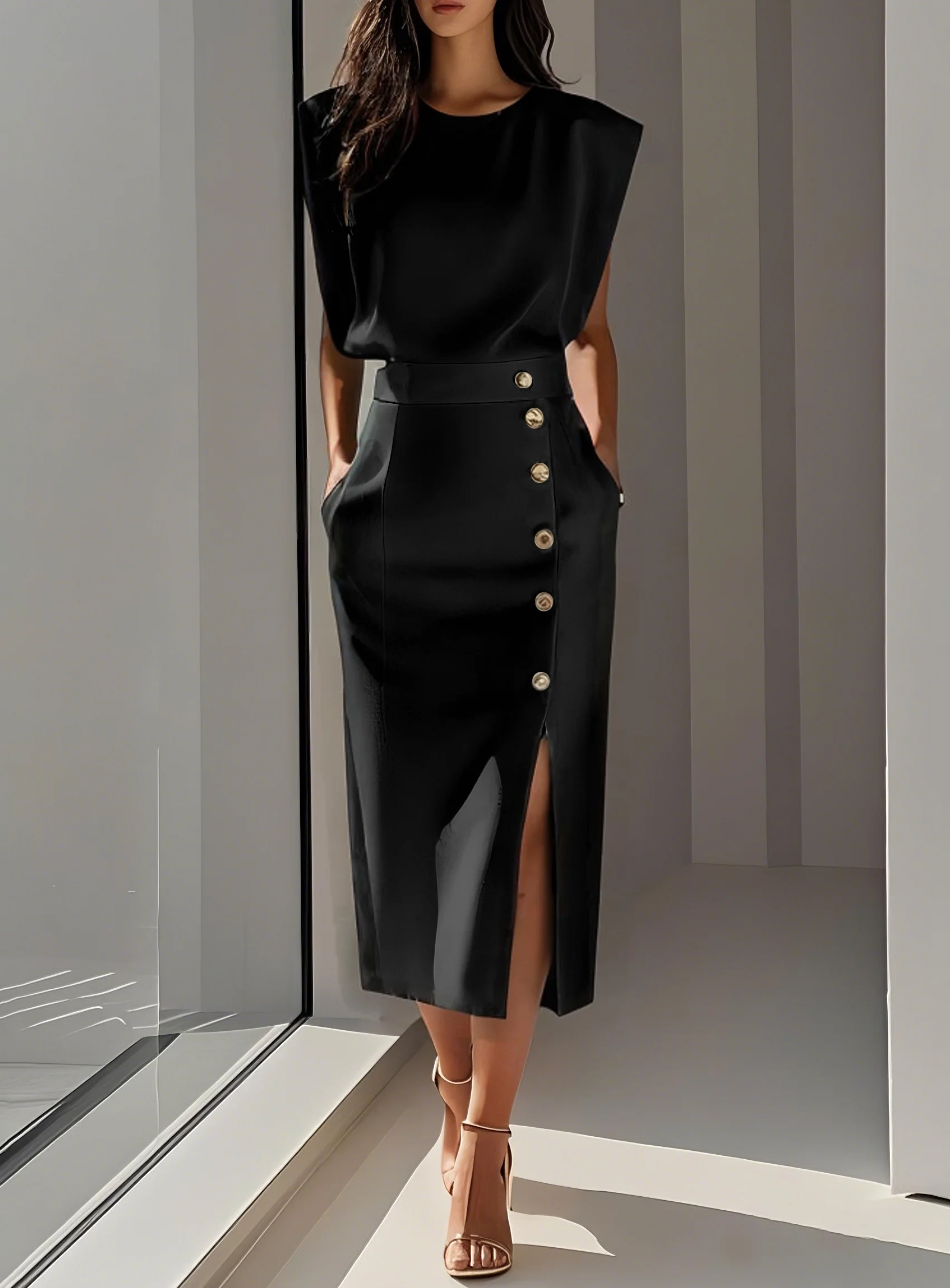 VESTIDO MIDI BLANCO ELEGANTE CON BOTONES