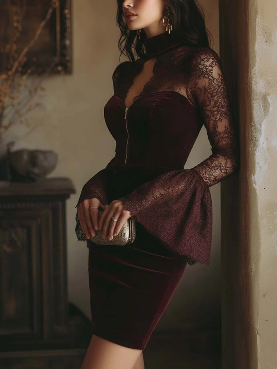 VESTIDO DE TERCIOPELO BURDEOS CON ENCAJE