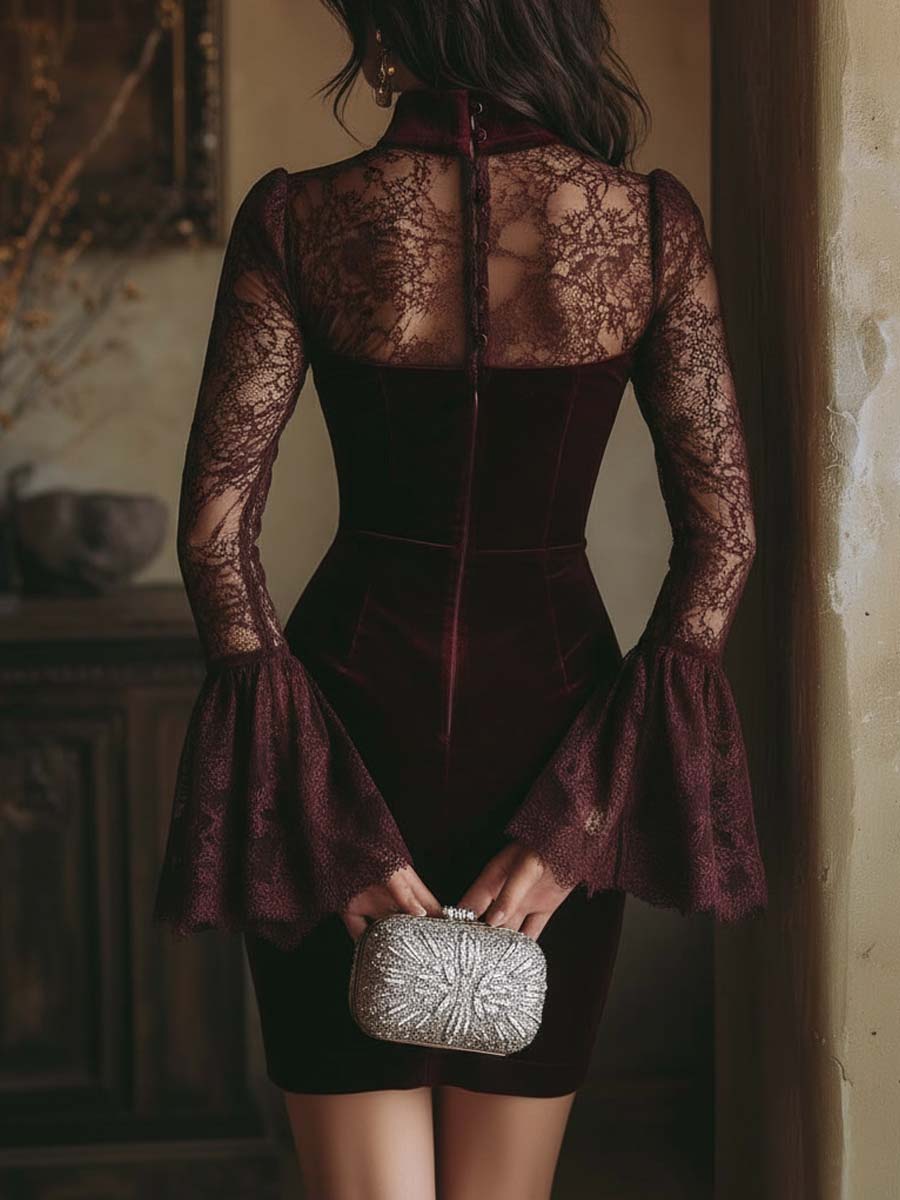 VESTIDO DE TERCIOPELO BURDEOS CON ENCAJE