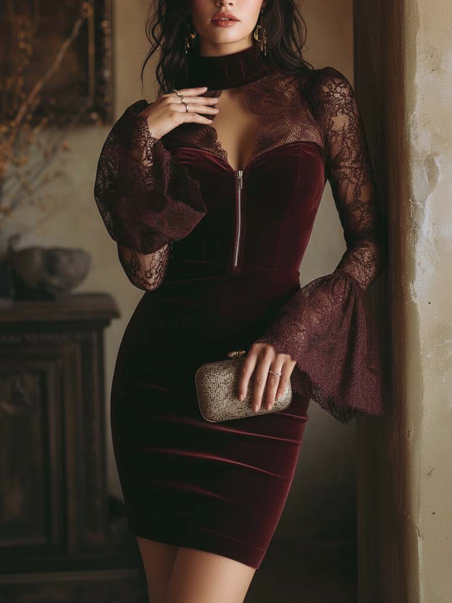 VESTIDO DE TERCIOPELO BURDEOS CON ENCAJE