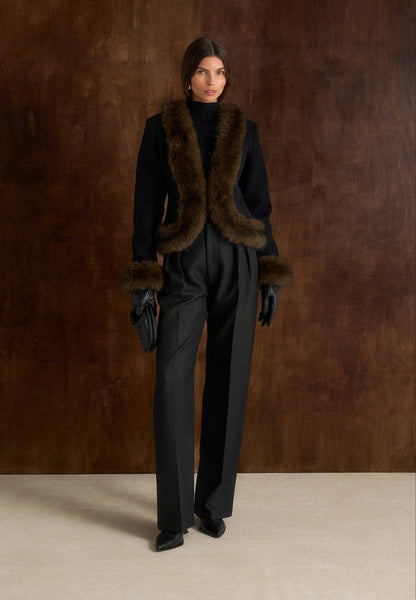 Lina - Chaqueta esculpida con ribete de lana y piel - Negro