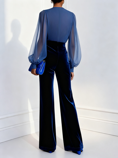 CONJUNTO DE FIESTA AZUL CON BLUSA DRAPEADA Y PANTALÓN ANCHO