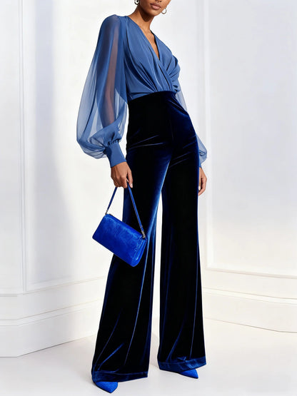 CONJUNTO DE FIESTA AZUL CON BLUSA DRAPEADA Y PANTALÓN ANCHO