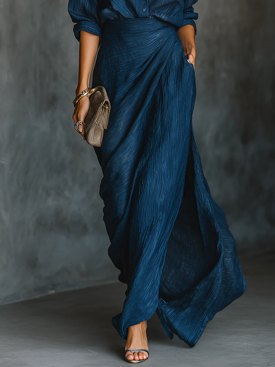 VESTIDO LARGO SATINADO CRUZADO EFECTO ENVOLVENTE