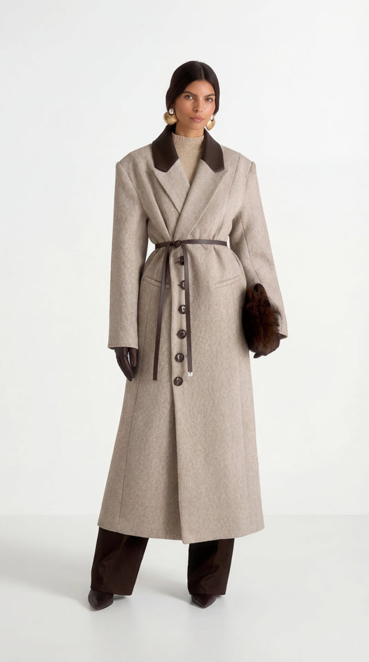 Anisa - Abrigo oversize de lana con diseño en espiga y cinturón de cuero - Beige