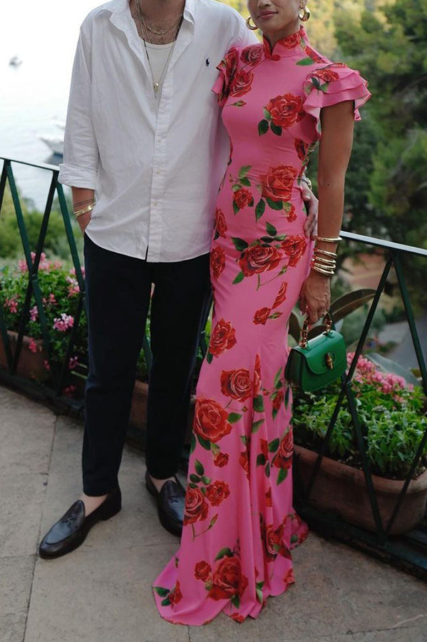 Vestido largo elástico de estilo cheongsam con estampado floral de rosas, volantes y mangas acampanadas