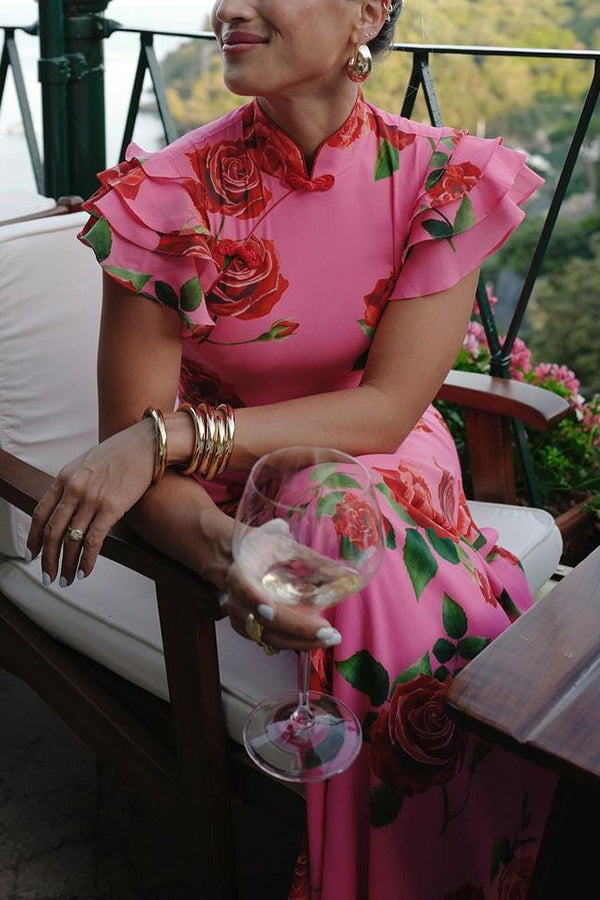 Vestido largo elástico de estilo cheongsam con estampado floral de rosas, volantes y mangas acampanadas