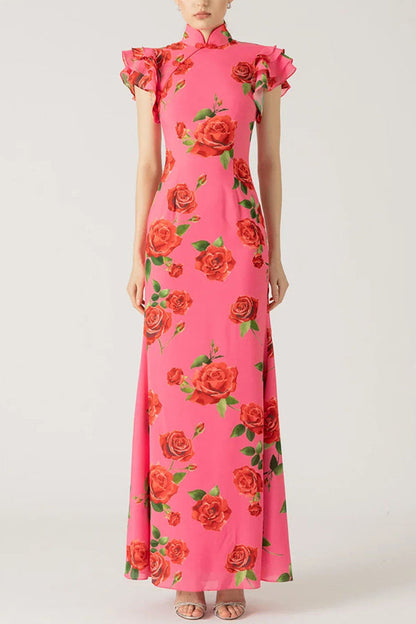 Vestido largo elástico de estilo cheongsam con estampado floral de rosas, volantes y mangas acampanadas