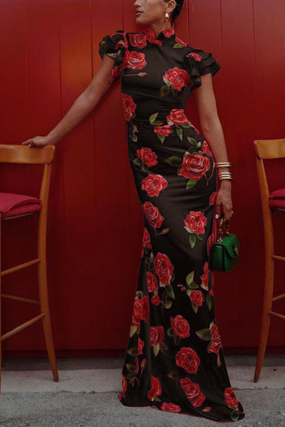 Vestido largo elástico de estilo cheongsam con estampado floral de rosas, volantes y mangas acampanadas