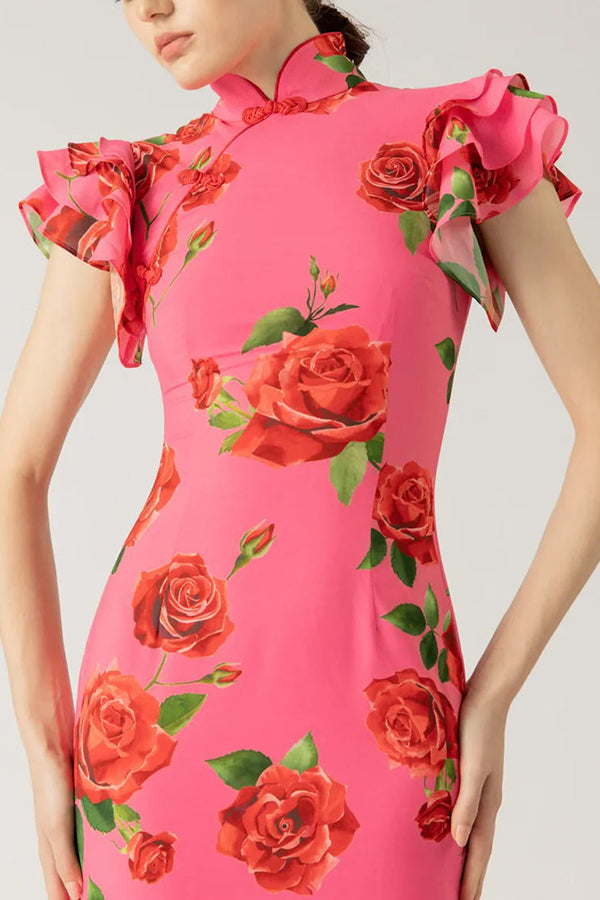 Vestido largo elástico de estilo cheongsam con estampado floral de rosas, volantes y mangas acampanadas