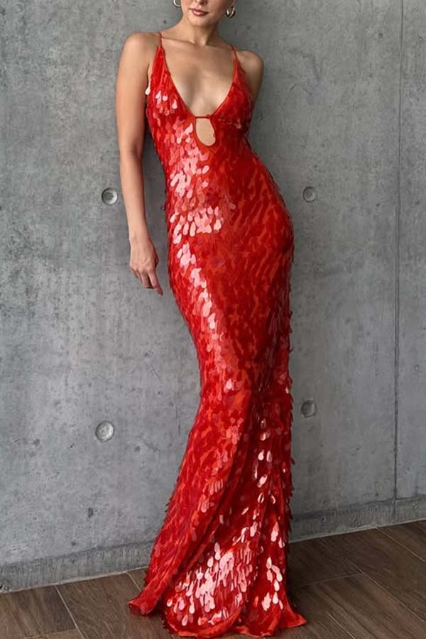 Vestido largo sin mangas con escote en U y corte en forma de escamas de pez con lentejuelas de Reshape Beauty