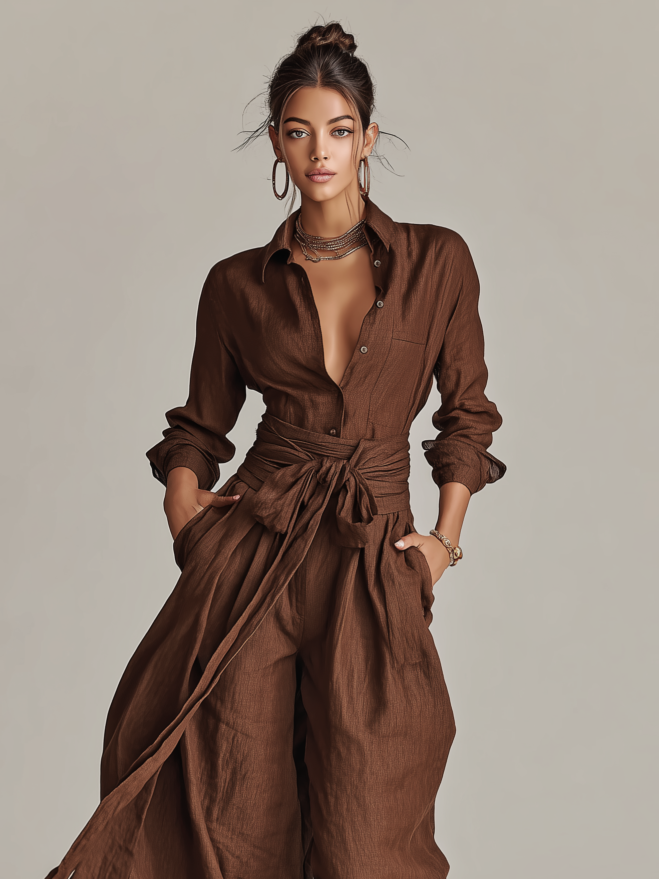 Mono elegante de mujer de manga larga con cuello de camisa, confeccionado en tejido de algodón y lino marrón, con cinturón MDA1965L9AN