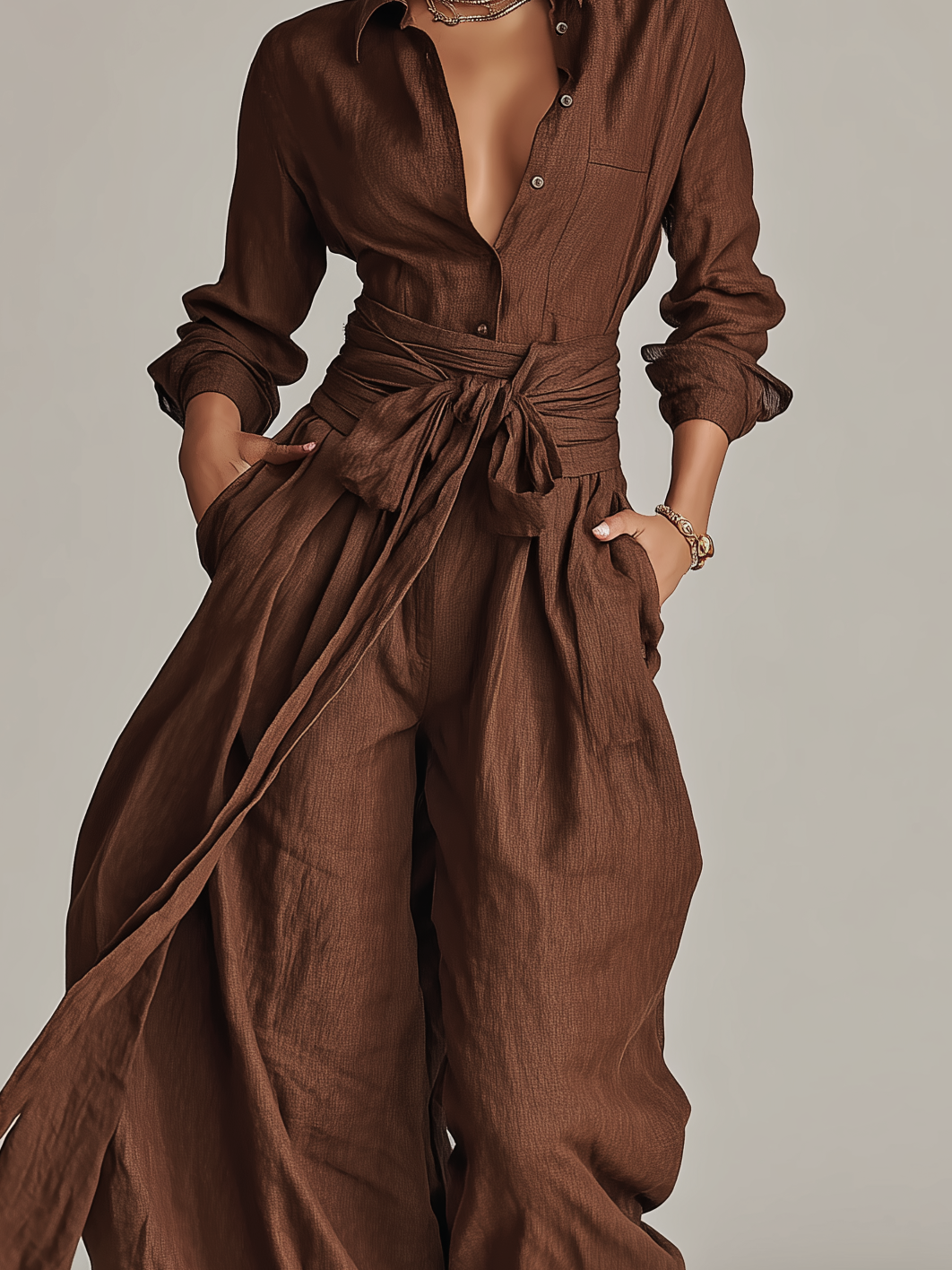 Mono elegante de mujer de manga larga con cuello de camisa, confeccionado en tejido de algodón y lino marrón, con cinturón MDA1965L9AN