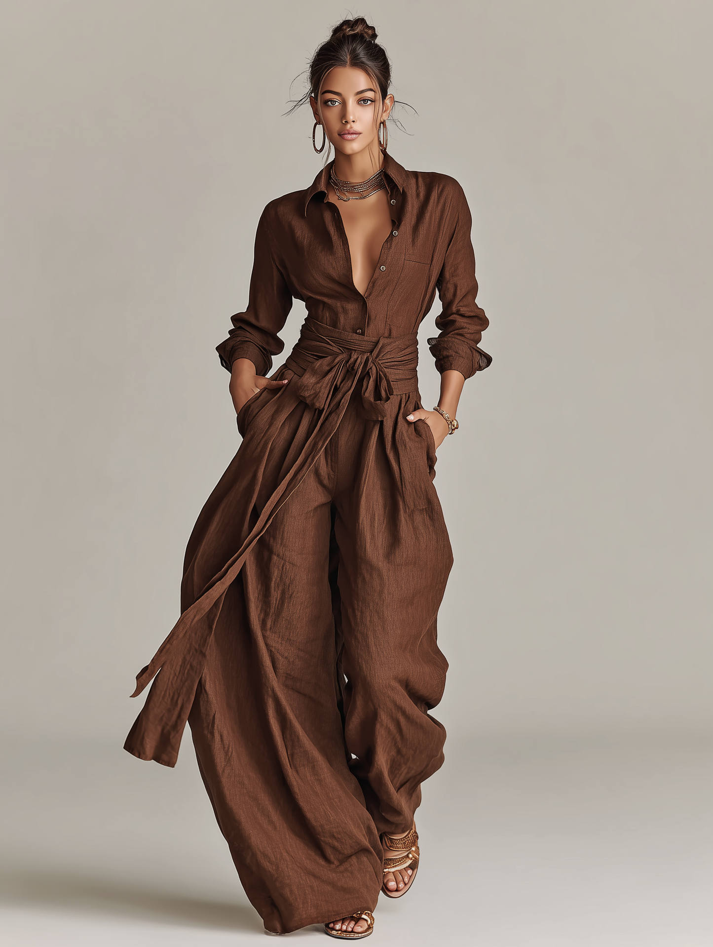 Mono elegante de mujer de manga larga con cuello de camisa, confeccionado en tejido de algodón y lino marrón, con cinturón MDA1965L9AN
