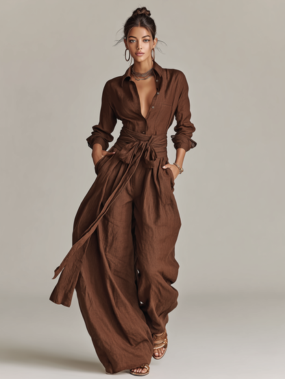 Mono elegante de mujer de manga larga con cuello de camisa, confeccionado en tejido de algodón y lino marrón, con cinturón MDA1965L9AN