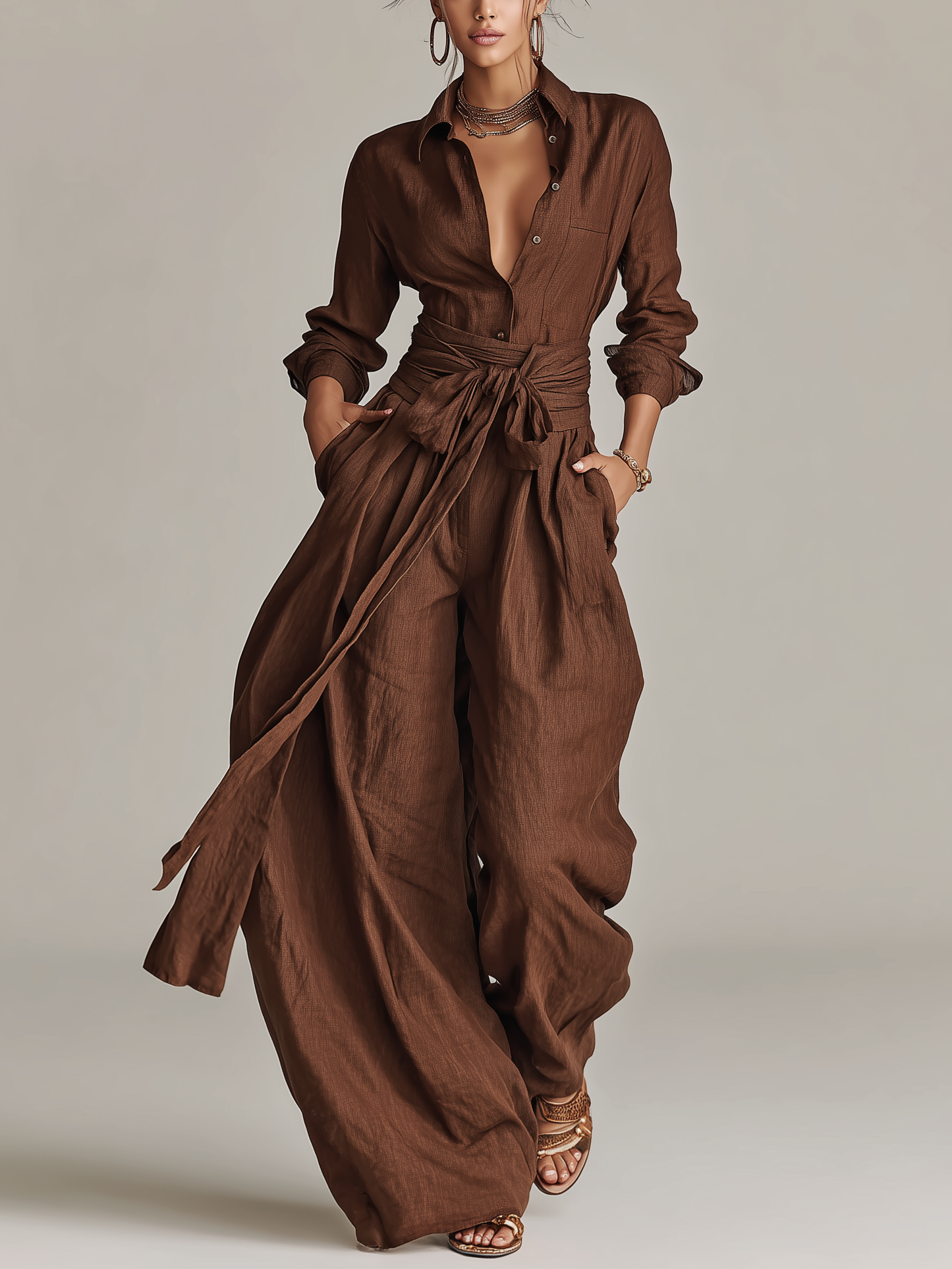 Mono elegante de mujer de manga larga con cuello de camisa, confeccionado en tejido de algodón y lino marrón, con cinturón MDA1965L9AN