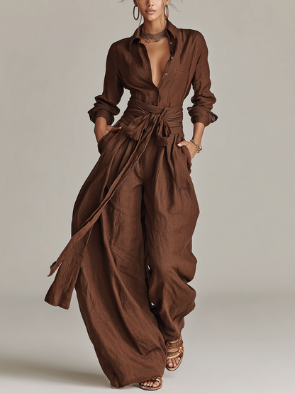 Mono elegante de mujer de manga larga con cuello de camisa, confeccionado en tejido de algodón y lino marrón, con cinturón MDA1965L9AN