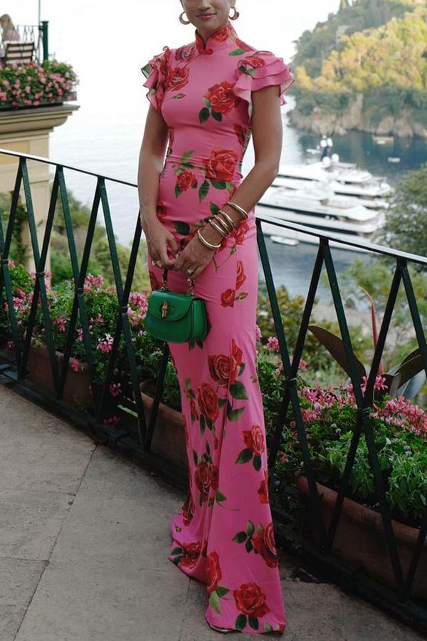 Vestido largo elástico de estilo cheongsam con estampado floral de rosas, volantes y mangas acampanadas