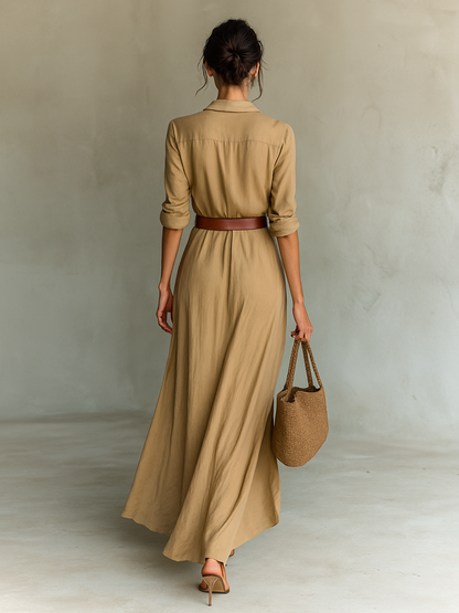 Vestido largo con cinturón, solapa, botonadura sencilla y manga larga MDA1500G4Y