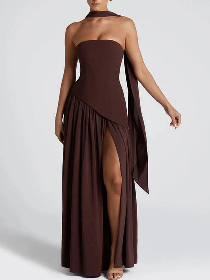 Madame – Vestido largo strapless con lazo