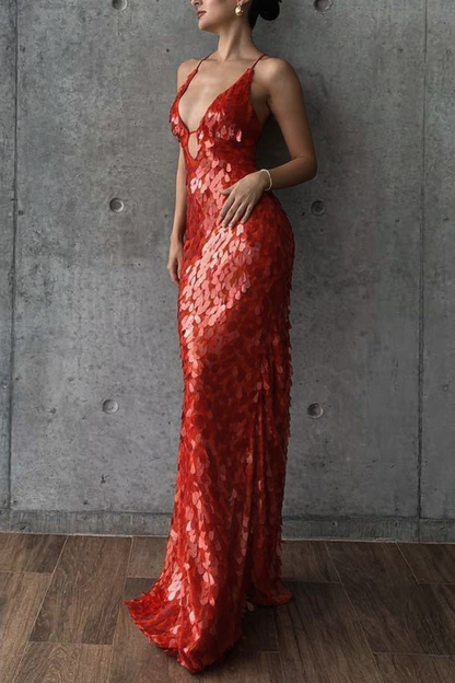 Vestido largo sin mangas con escote en U y corte en forma de escamas de pez con lentejuelas de Reshape Beauty