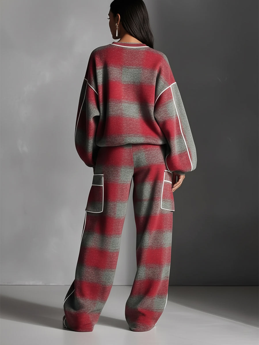 CONJUNTO DE PUNTO OVERSIZE DE DOS PIEZAS CON ESTAMPADO A CUADROS